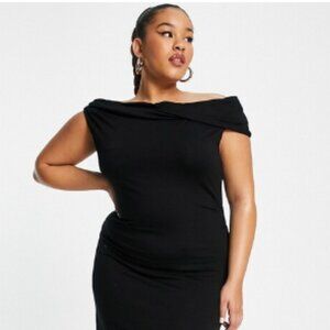 Black sleeveless drapey off shoulder maxi dress